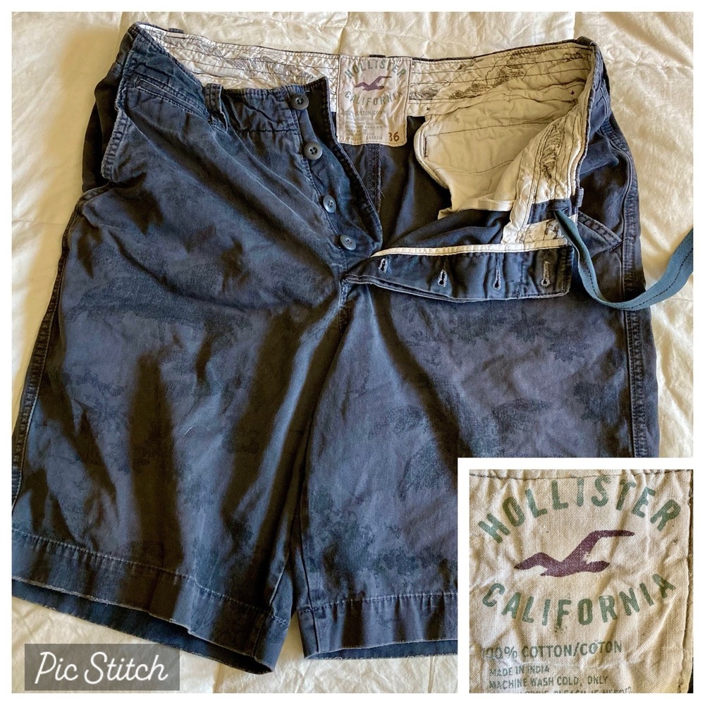 Vtg Y2K Hollister Shorts Mens 36(38) Button Fly Drawstring Cotton Gray Palm Tree